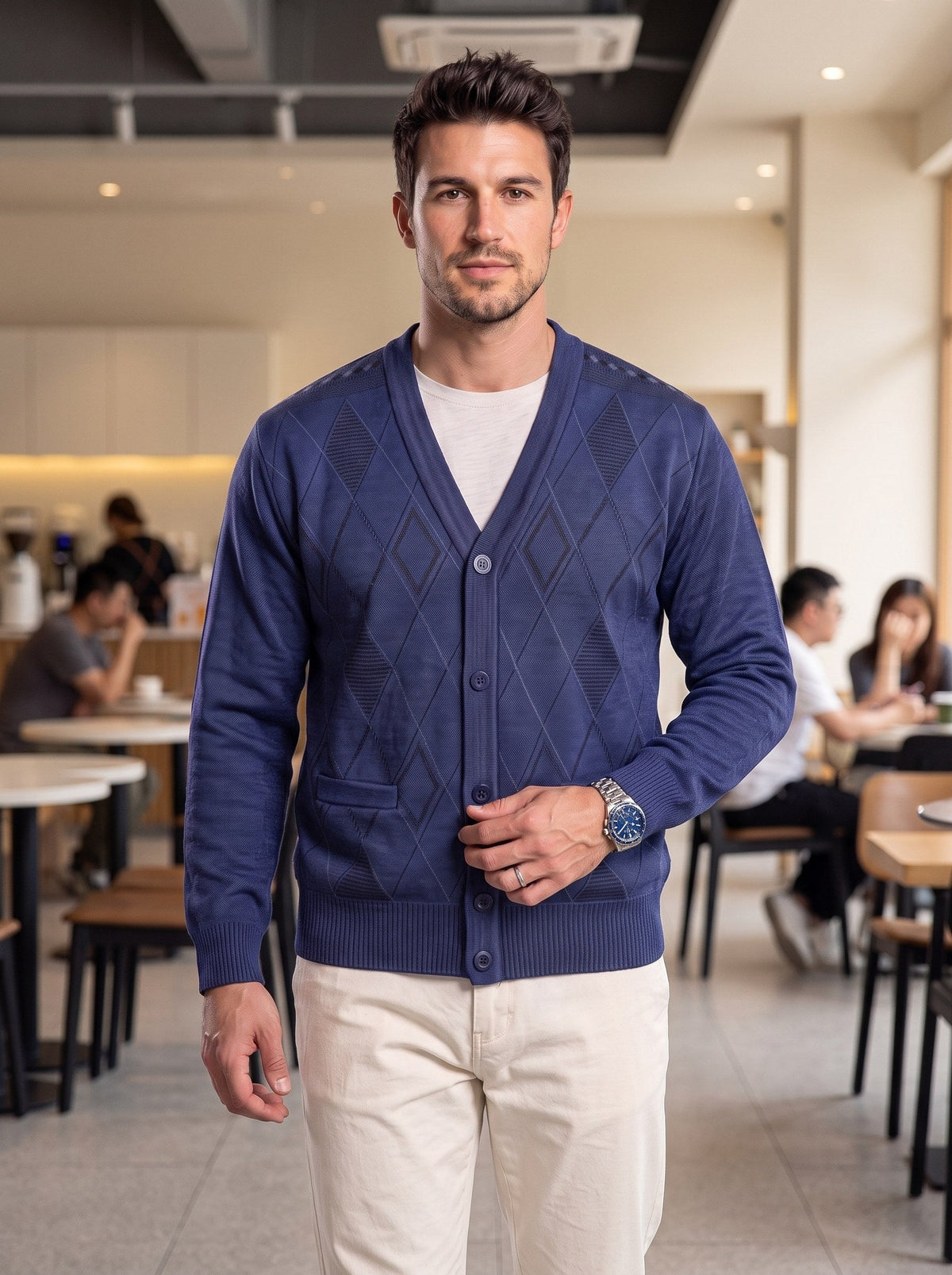 KZZ Men's Plaid V-Neck Long-Sleeve Knit Cardigan
