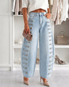 Women's Barrel Jeans High Waisted Side Button Denim Pants Distressed Washed Baggy Trousers Retro Y2K Streetwear