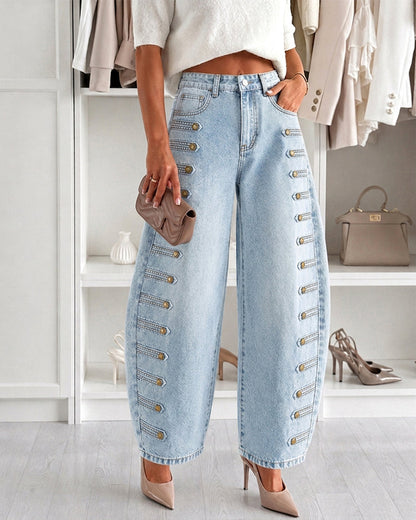 Women's Barrel Jeans High Waisted Side Button Denim Pants Distressed Washed Baggy Trousers Retro Y2K Streetwear
