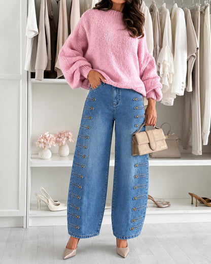 Women's Barrel Jeans High Waisted Side Button Denim Pants Distressed Washed Baggy Trousers Retro Y2K Streetwear