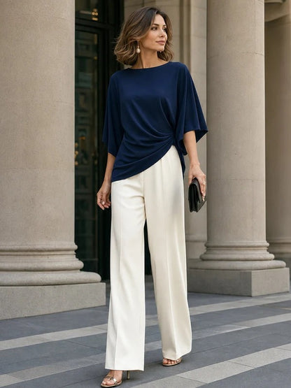 Conjunto de Blusa Drapeada y Pantalón Ancho