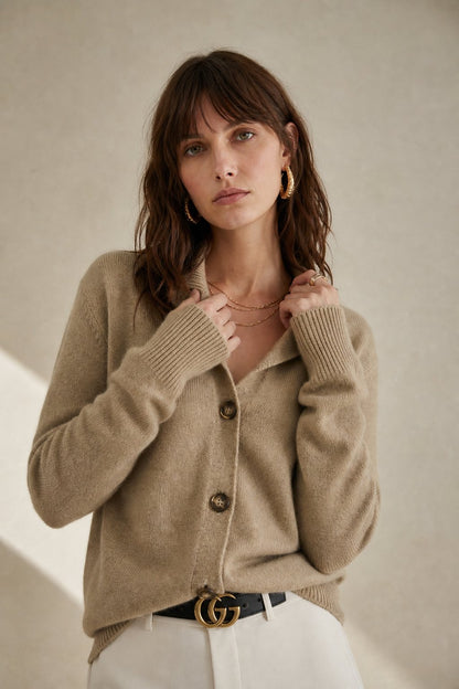 Madison Avenue Cardigan — Camel, studio product shot